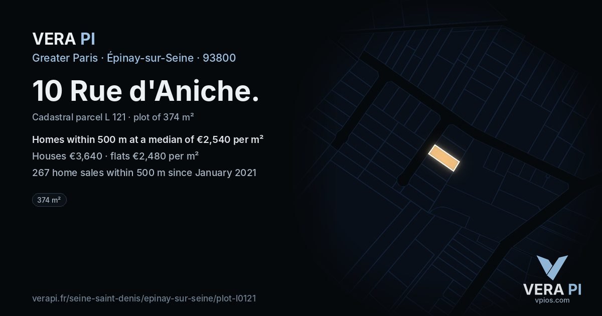 10 Rue d'Aniche, Épinay-sur-Seine at night – the plot lit, the parcels around coloured by the prices near them