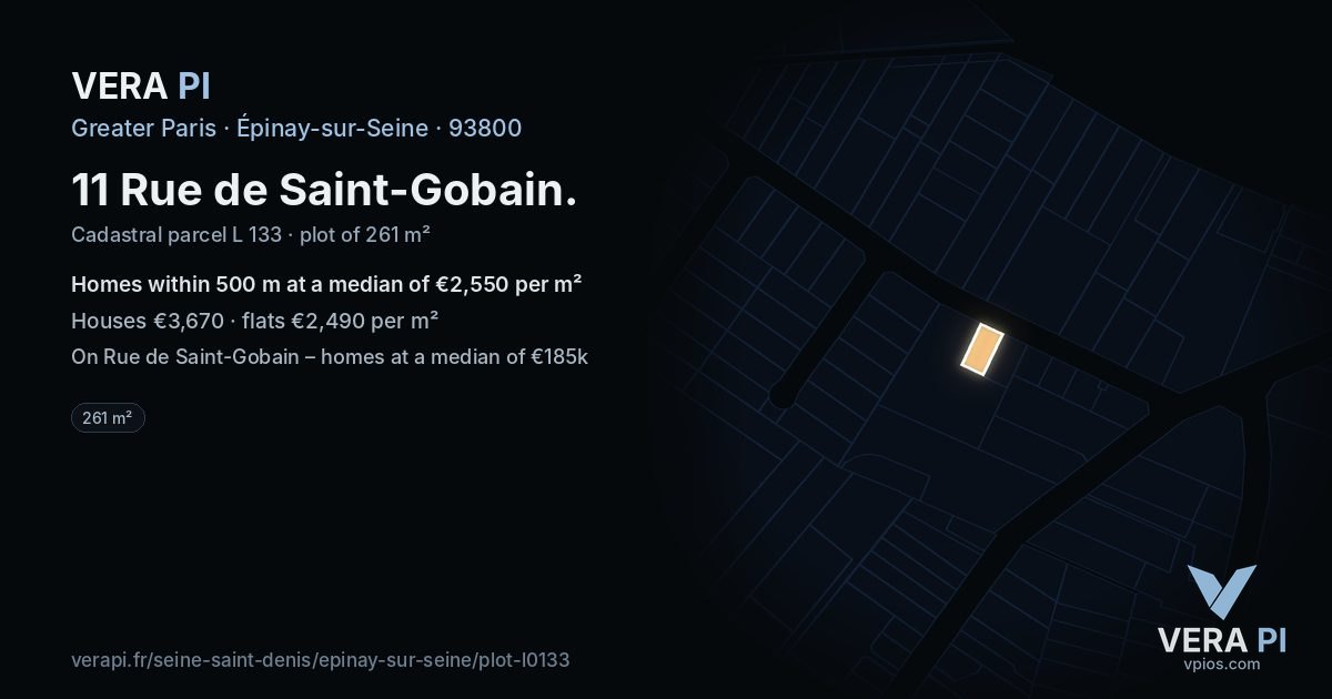 11 Rue de Saint-Gobain, Épinay-sur-Seine at night – the plot lit, the parcels around coloured by the prices near them