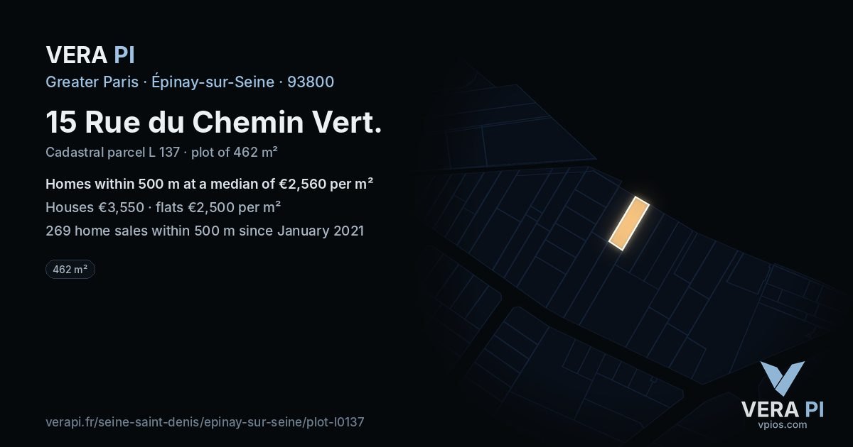 15 Rue du Chemin Vert, Épinay-sur-Seine at night – the plot lit, the parcels around coloured by the prices near them