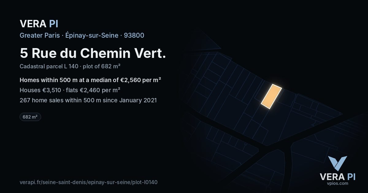 5 Rue du Chemin Vert, Épinay-sur-Seine at night – the plot lit, the parcels around coloured by the prices near them