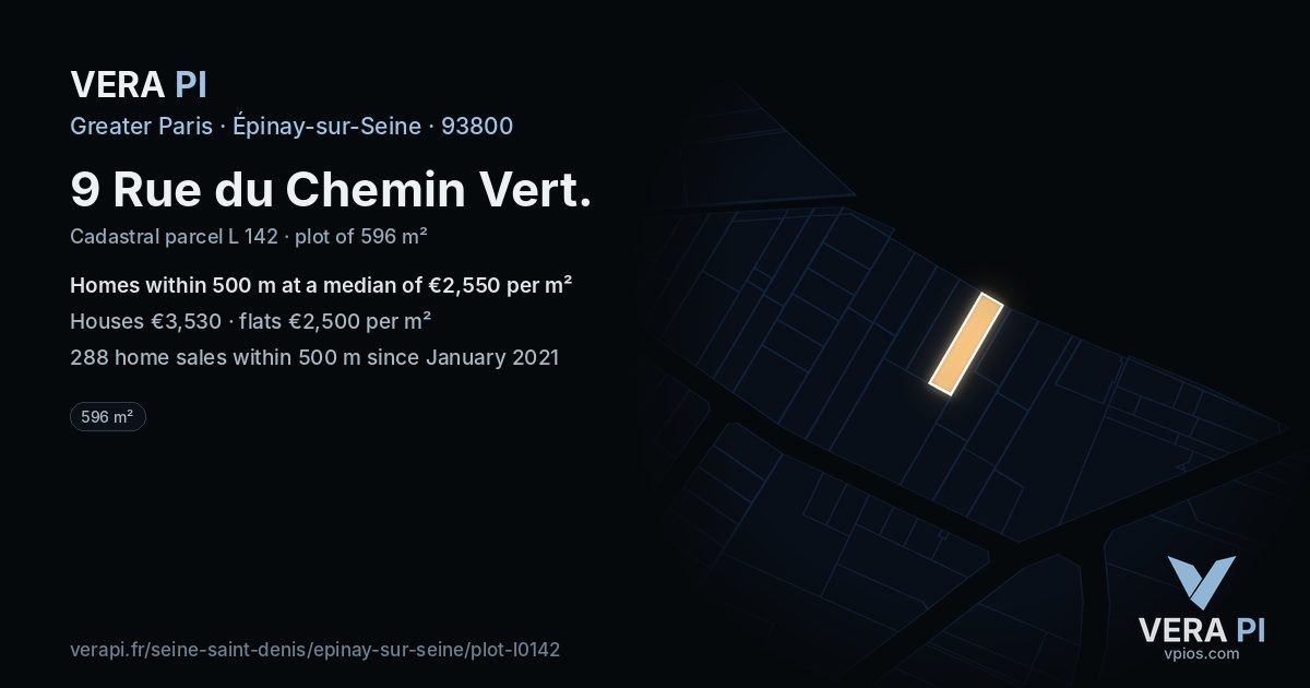 9 Rue du Chemin Vert, Épinay-sur-Seine at night – the plot lit, the parcels around coloured by the prices near them