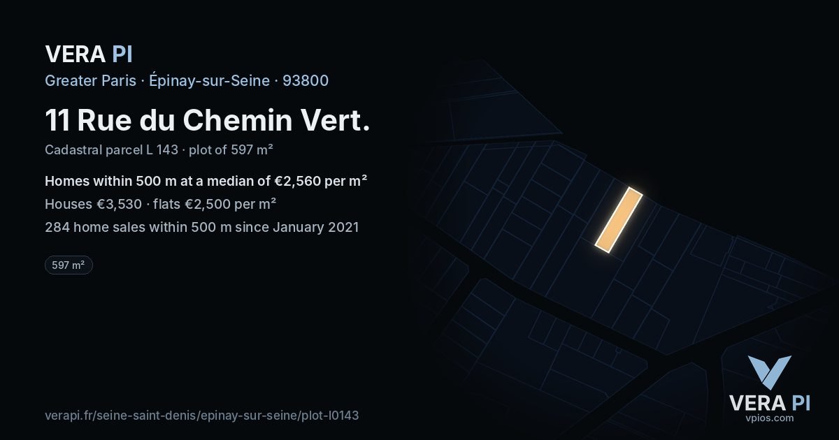 11 Rue du Chemin Vert, Épinay-sur-Seine at night – the plot lit, the parcels around coloured by the prices near them