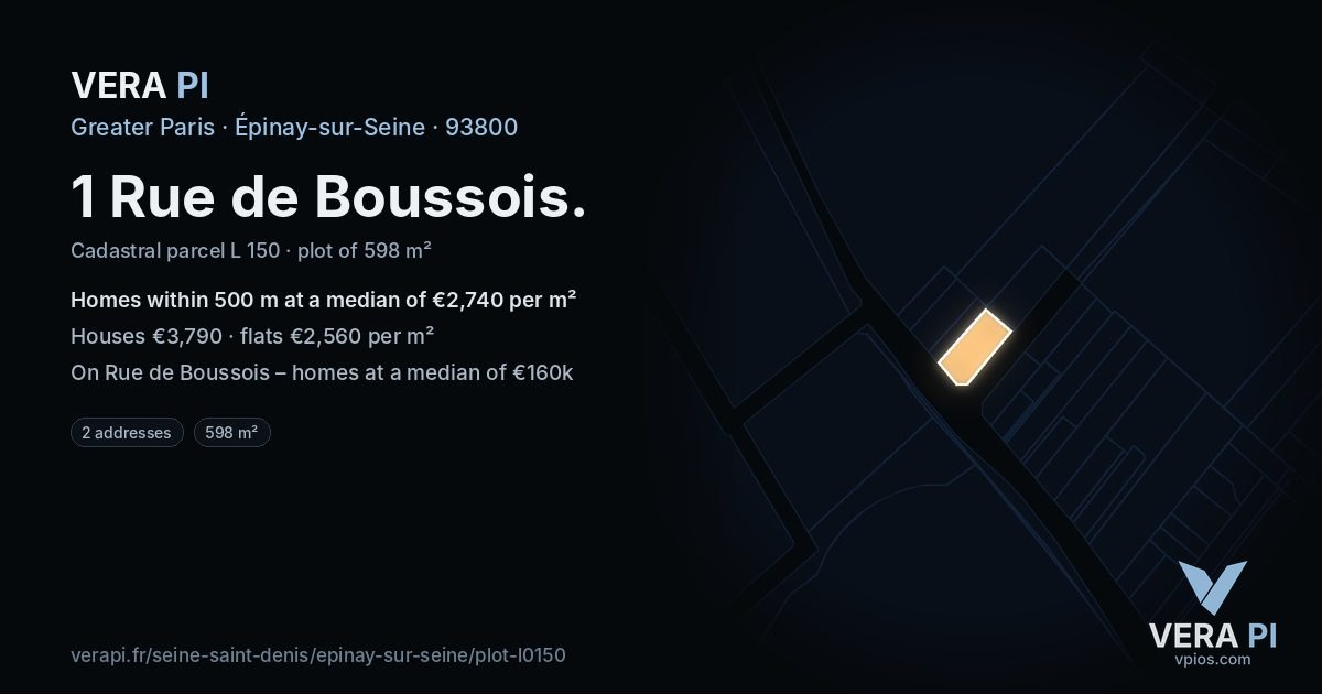 1 Rue de Boussois, Épinay-sur-Seine at night – the plot lit, the parcels around coloured by the prices near them