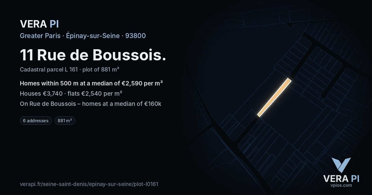 11 Rue de Boussois, Épinay-sur-Seine at night – the plot lit, the parcels around coloured by the prices near them