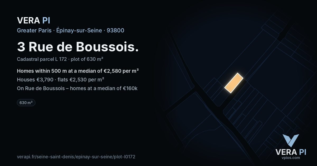 3 Rue de Boussois, Épinay-sur-Seine at night – the plot lit, the parcels around coloured by the prices near them