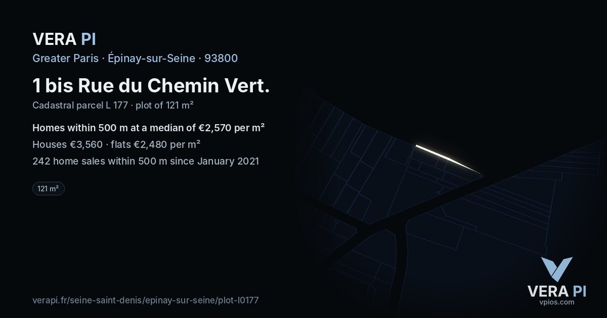 1 bis Rue du Chemin Vert, Épinay-sur-Seine at night – the plot lit, the parcels around coloured by the prices near them