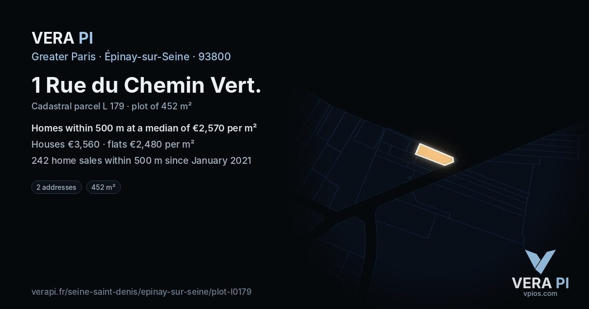 1 Rue du Chemin Vert, Épinay-sur-Seine at night – the plot lit, the parcels around coloured by the prices near them