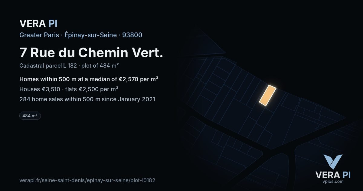 7 Rue du Chemin Vert, Épinay-sur-Seine at night – the plot lit, the parcels around coloured by the prices near them