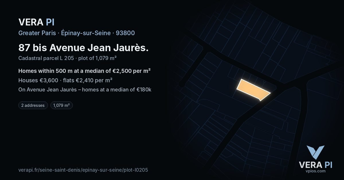 87 bis Avenue Jean Jaurès, Épinay-sur-Seine at night – the plot lit, the parcels around coloured by the prices near them