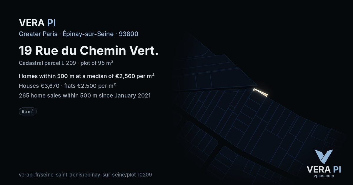 19 Rue du Chemin Vert, Épinay-sur-Seine at night – the plot lit, the parcels around coloured by the prices near them