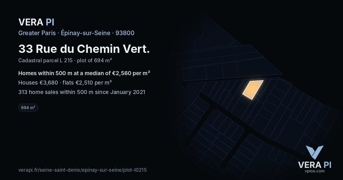 33 Rue du Chemin Vert, Épinay-sur-Seine at night – the plot lit, the parcels around coloured by the prices near them