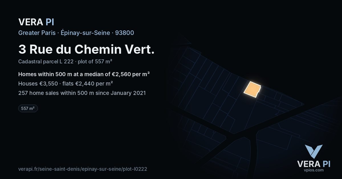 3 Rue du Chemin Vert, Épinay-sur-Seine at night – the plot lit, the parcels around coloured by the prices near them