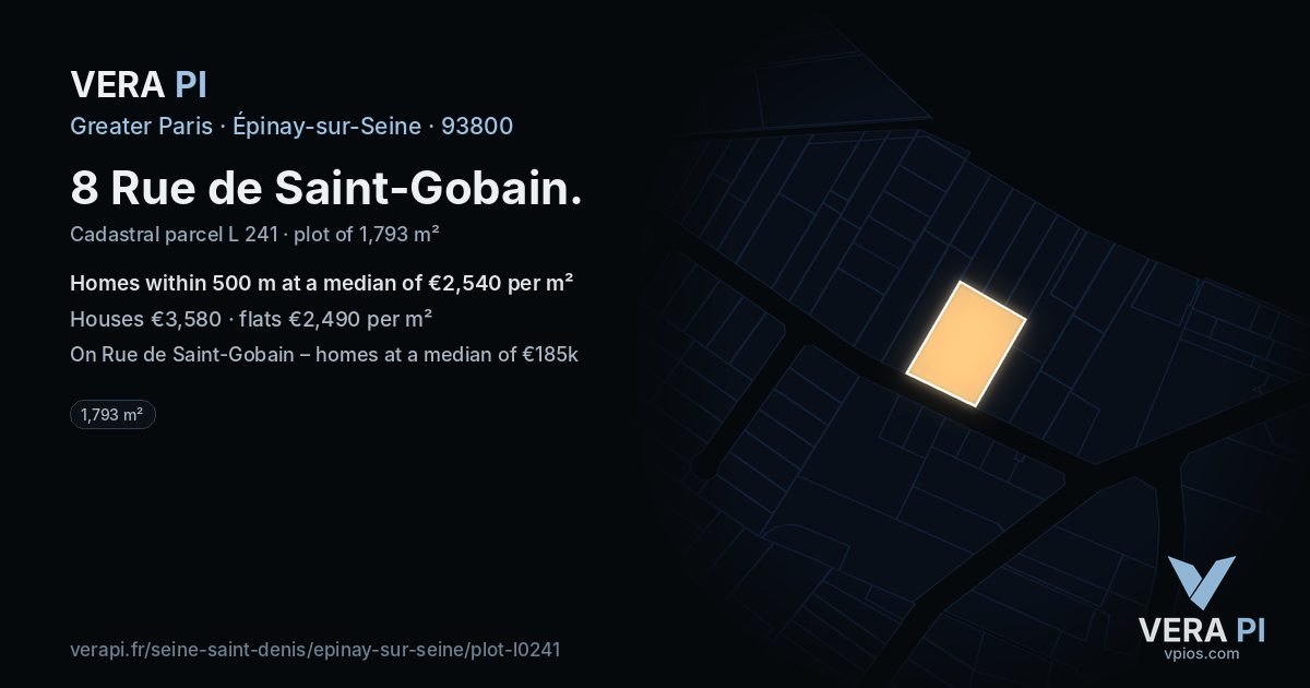 8 Rue de Saint-Gobain, Épinay-sur-Seine at night – the plot lit, the parcels around coloured by the prices near them