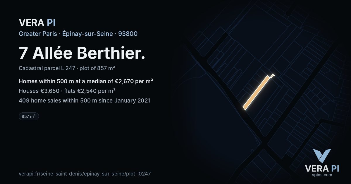 7 Allée Berthier, Épinay-sur-Seine at night – the plot lit, the parcels around coloured by the prices near them