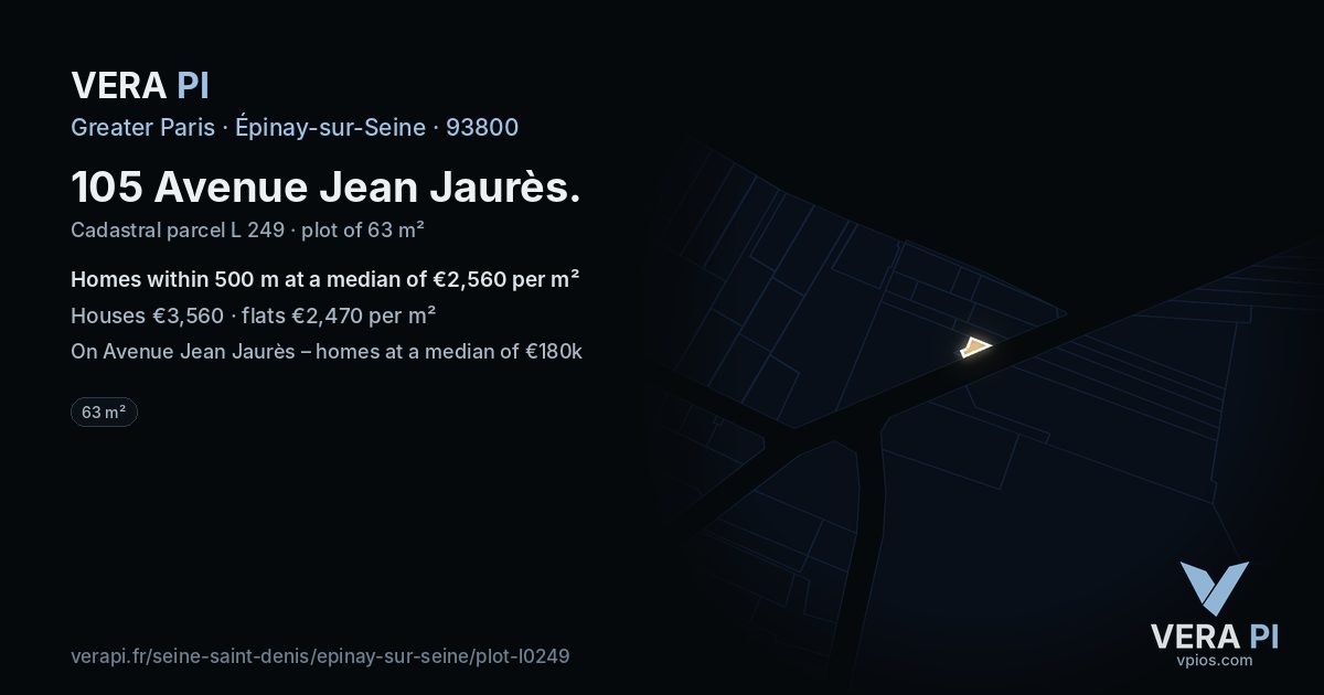 105 Avenue Jean Jaurès, Épinay-sur-Seine at night – the plot lit, the parcels around coloured by the prices near them