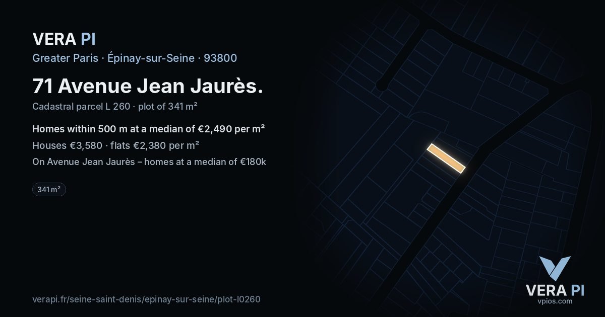 71 Avenue Jean Jaurès, Épinay-sur-Seine at night – the plot lit, the parcels around coloured by the prices near them