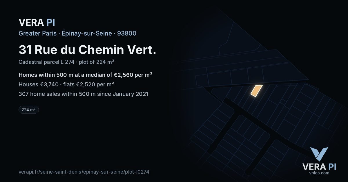 31 Rue du Chemin Vert, Épinay-sur-Seine at night – the plot lit, the parcels around coloured by the prices near them