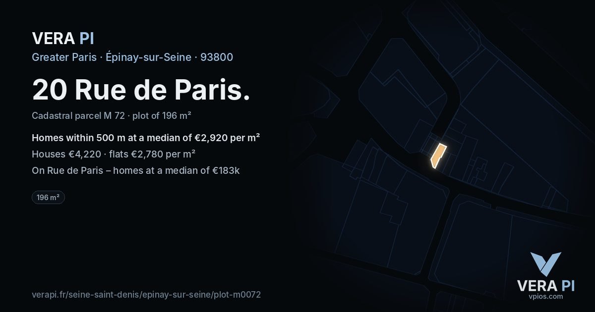 20 Rue de Paris, Épinay-sur-Seine at night – the plot lit, the parcels around coloured by the prices near them