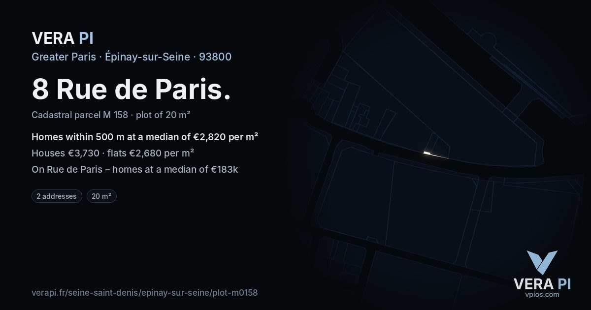 8 Rue de Paris, Épinay-sur-Seine at night – the plot lit, the parcels around coloured by the prices near them