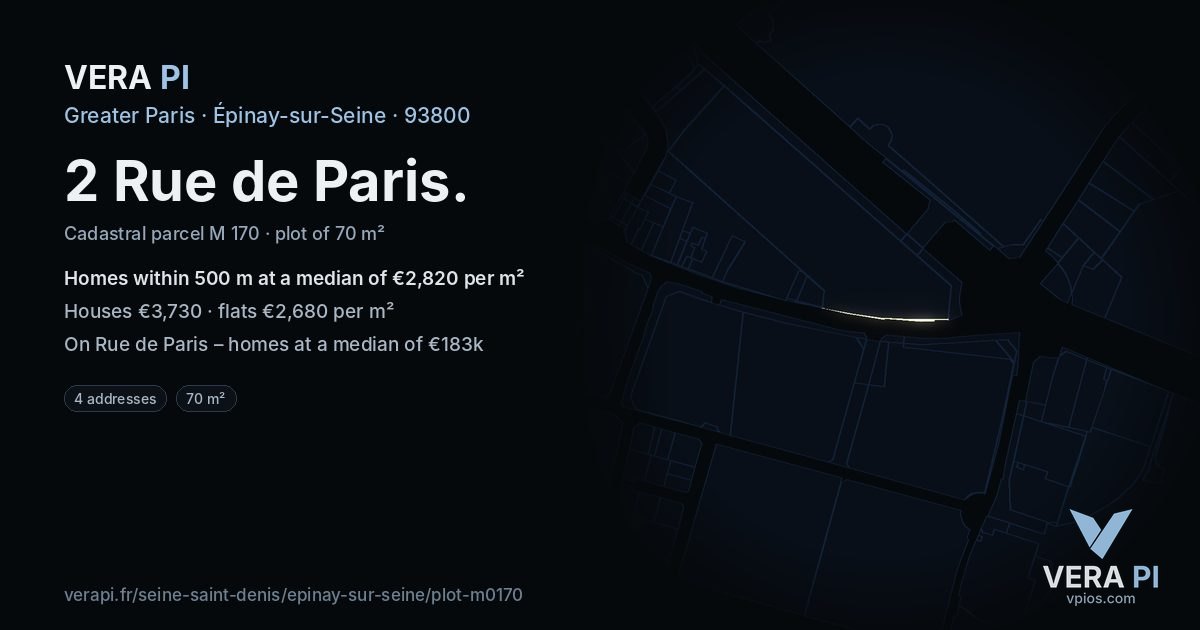 2 Rue de Paris, Épinay-sur-Seine at night – the plot lit, the parcels around coloured by the prices near them