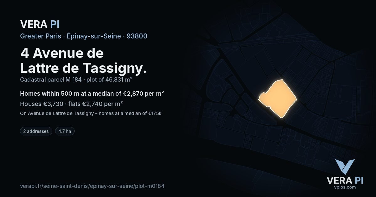 4 Avenue de Lattre de Tassigny, Épinay-sur-Seine at night – the plot lit, the parcels around coloured by the prices near them