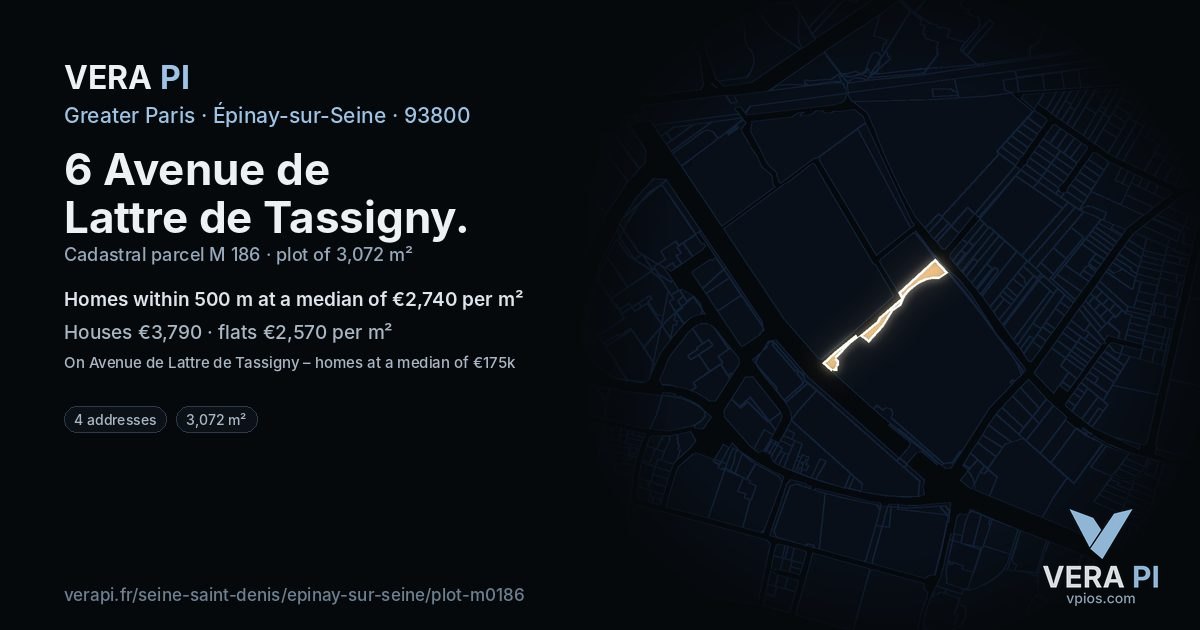 6 Avenue de Lattre de Tassigny, Épinay-sur-Seine at night – the plot lit, the parcels around coloured by the prices near them