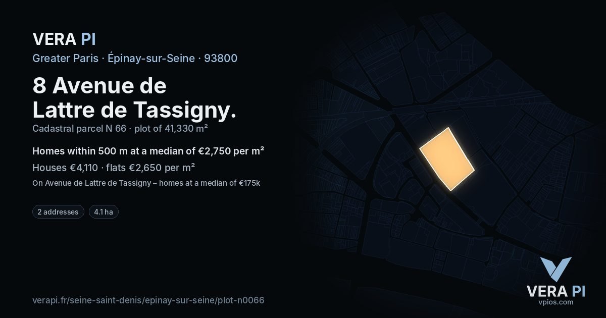 8 Avenue de Lattre de Tassigny, Épinay-sur-Seine at night – the plot lit, the parcels around coloured by the prices near them