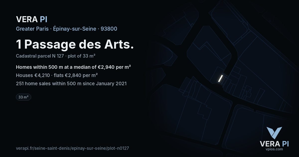 1 Passage des Arts, Épinay-sur-Seine at night – the plot lit, the parcels around coloured by the prices near them