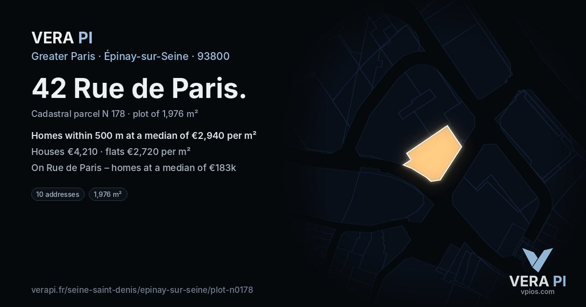 42 Rue de Paris, Épinay-sur-Seine at night – the plot lit, the parcels around coloured by the prices near them