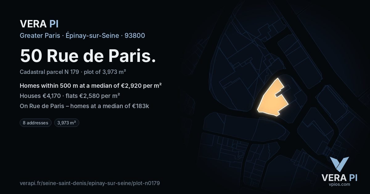 50 Rue de Paris, Épinay-sur-Seine at night – the plot lit, the parcels around coloured by the prices near them
