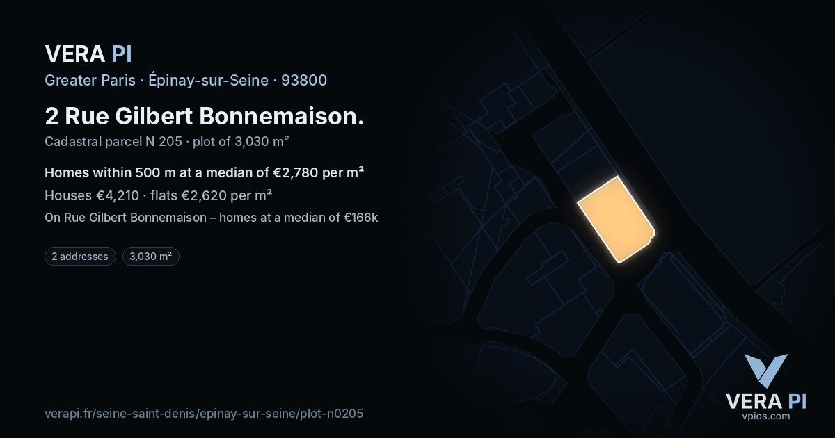 2 Rue Gilbert Bonnemaison, Épinay-sur-Seine at night – the plot lit, the parcels around coloured by the prices near them