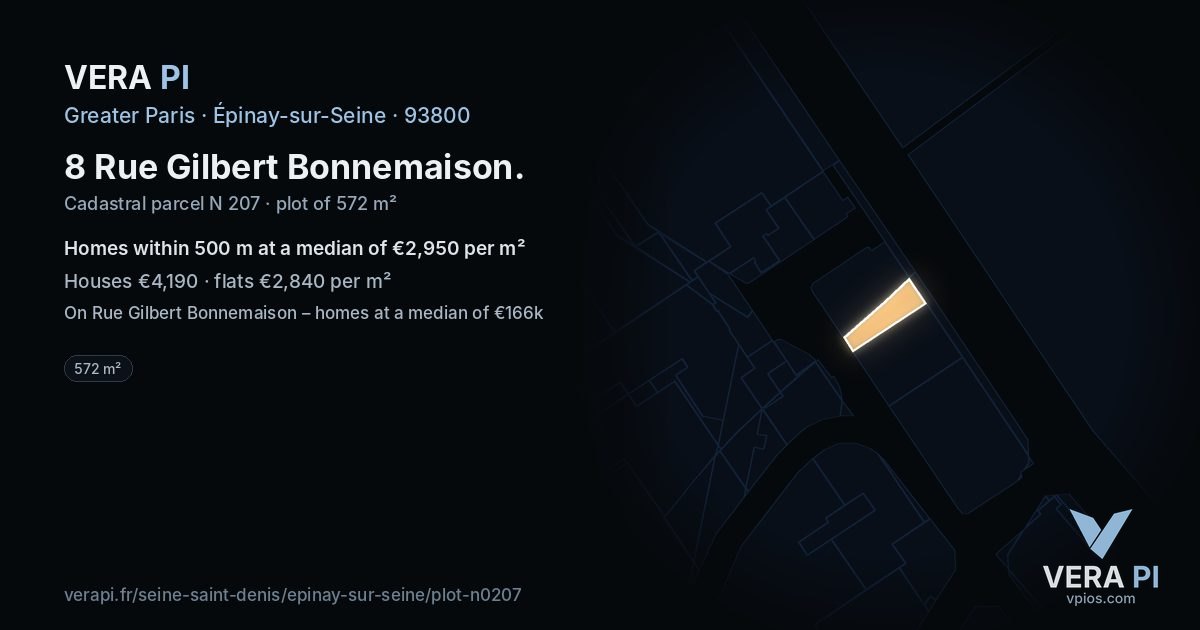 8 Rue Gilbert Bonnemaison, Épinay-sur-Seine at night – the plot lit, the parcels around coloured by the prices near them