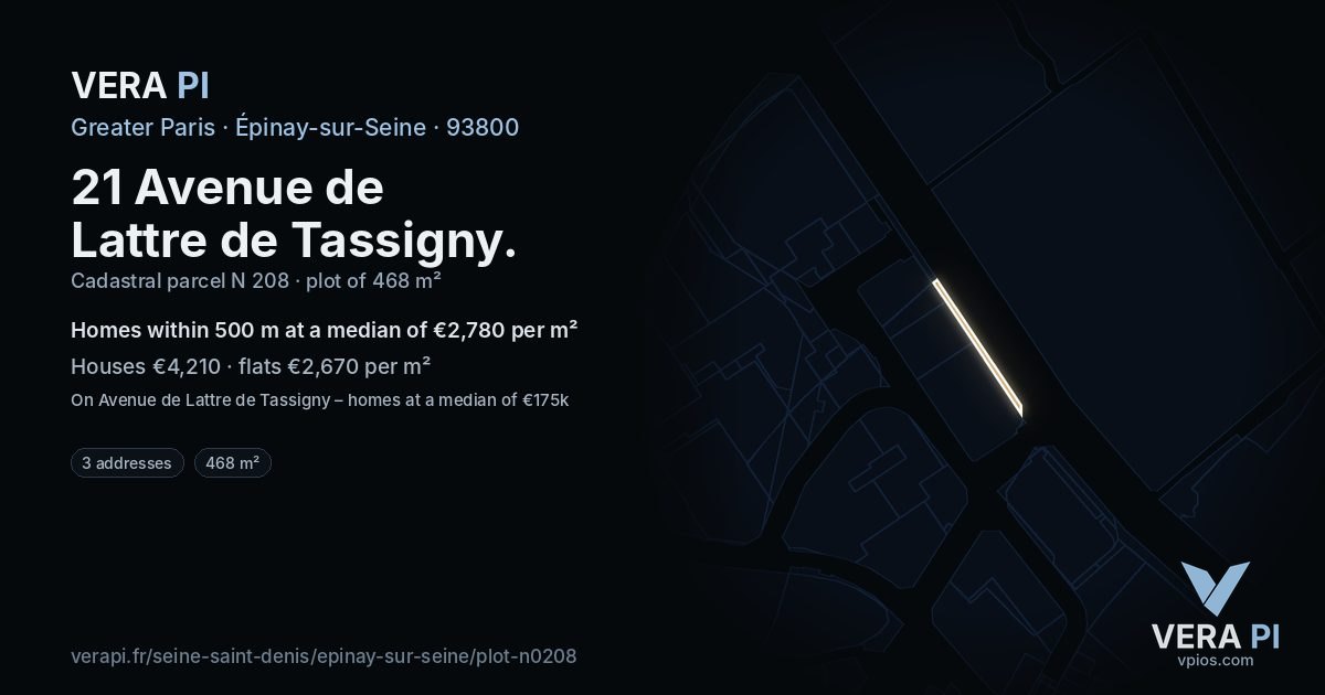 21 Avenue de Lattre de Tassigny, Épinay-sur-Seine at night – the plot lit, the parcels around coloured by the prices near them