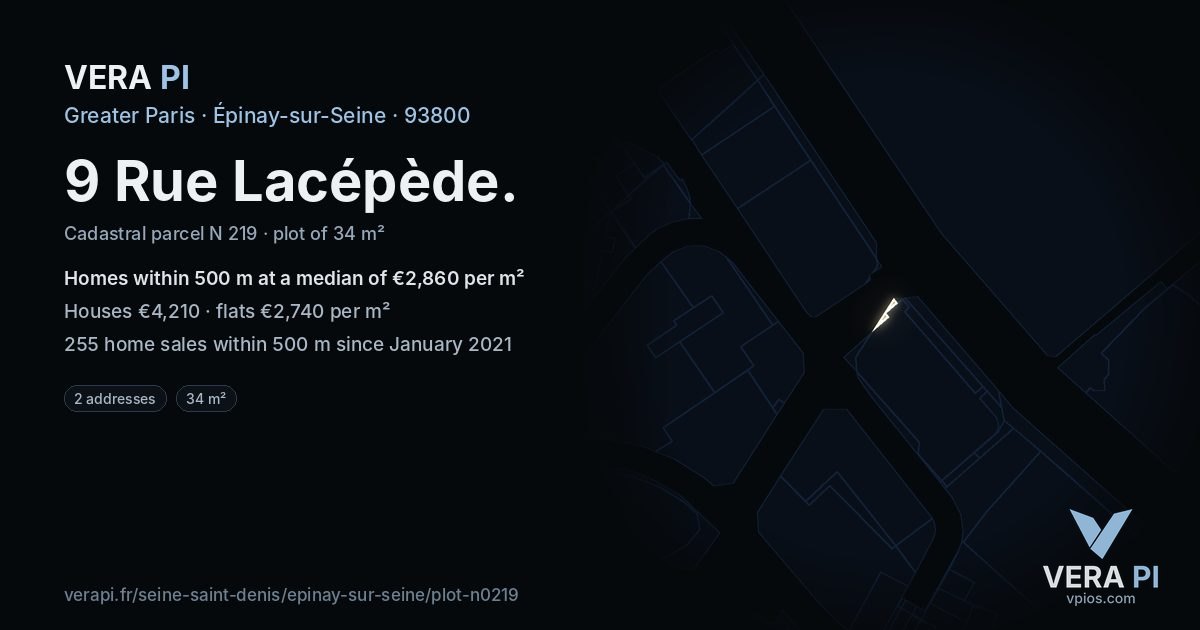 9 Rue Lacépède, Épinay-sur-Seine at night – the plot lit, the parcels around coloured by the prices near them