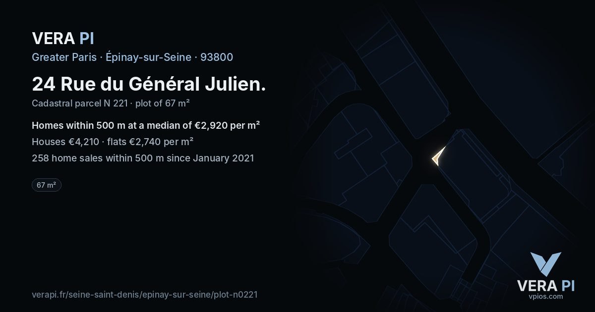 24 Rue du Général Julien, Épinay-sur-Seine at night – the plot lit, the parcels around coloured by the prices near them