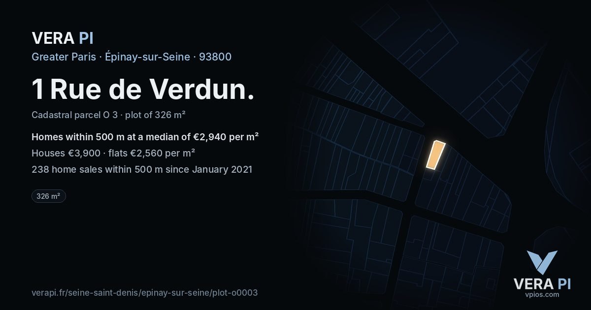 1 Rue de Verdun, Épinay-sur-Seine at night – the plot lit, the parcels around coloured by the prices near them