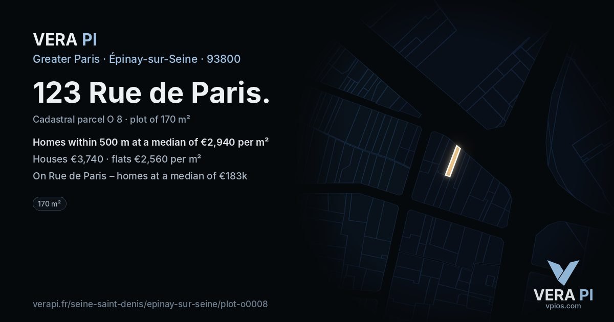 123 Rue de Paris, Épinay-sur-Seine at night – the plot lit, the parcels around coloured by the prices near them