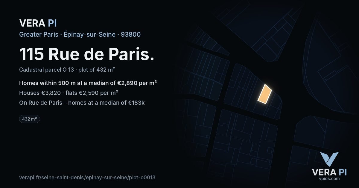 115 Rue de Paris, Épinay-sur-Seine at night – the plot lit, the parcels around coloured by the prices near them