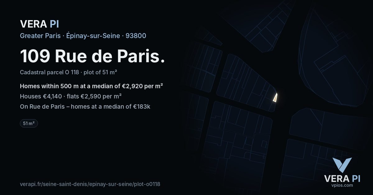 109 Rue de Paris, Épinay-sur-Seine at night – the plot lit, the parcels around coloured by the prices near them