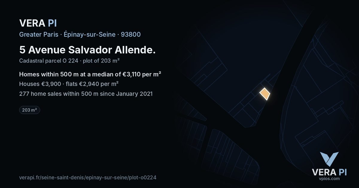 5 Avenue Salvador Allende, Épinay-sur-Seine at night – the plot lit, the parcels around coloured by the prices near them