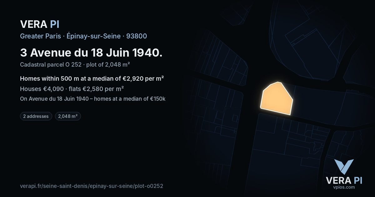 3 Avenue du 18 Juin 1940, Épinay-sur-Seine at night – the plot lit, the parcels around coloured by the prices near them