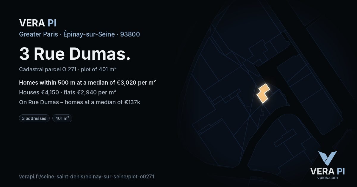 3 Rue Dumas, Épinay-sur-Seine at night – the plot lit, the parcels around coloured by the prices near them