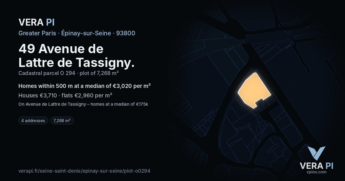 49 Avenue de Lattre de Tassigny, Épinay-sur-Seine at night – the plot lit, the parcels around coloured by the prices near them