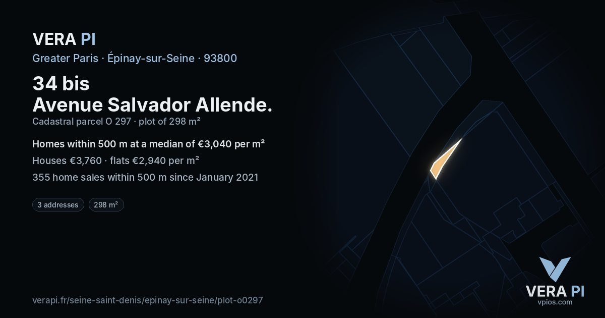 34 bis Avenue Salvador Allende, Épinay-sur-Seine at night – the plot lit, the parcels around coloured by the prices near them