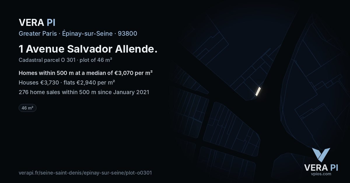 1 Avenue Salvador Allende, Épinay-sur-Seine at night – the plot lit, the parcels around coloured by the prices near them