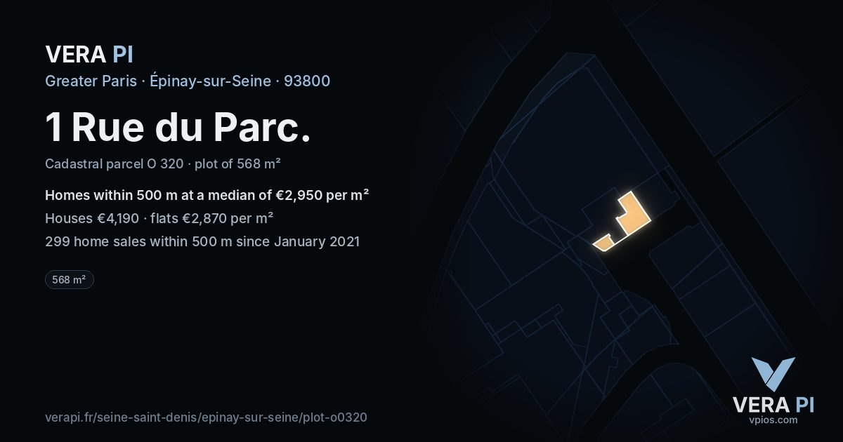 1 Rue du Parc, Épinay-sur-Seine at night – the plot lit, the parcels around coloured by the prices near them