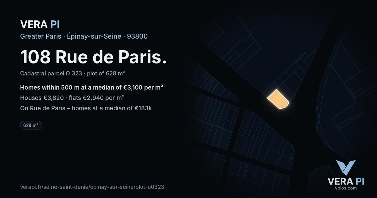 108 Rue de Paris, Épinay-sur-Seine at night – the plot lit, the parcels around coloured by the prices near them