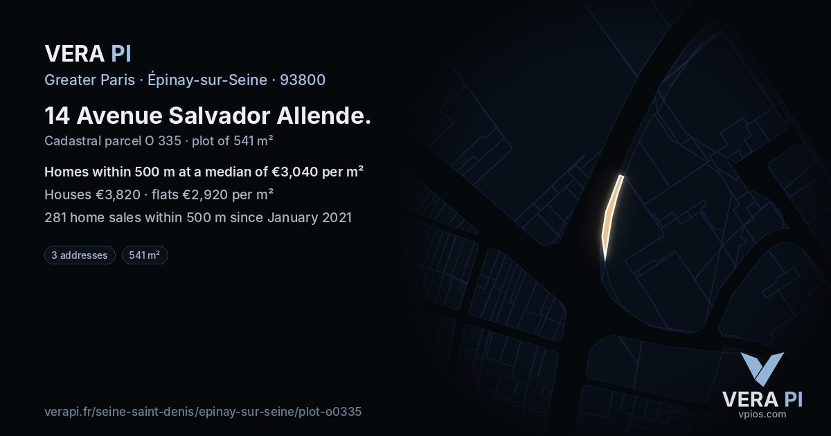 14 Avenue Salvador Allende, Épinay-sur-Seine at night – the plot lit, the parcels around coloured by the prices near them