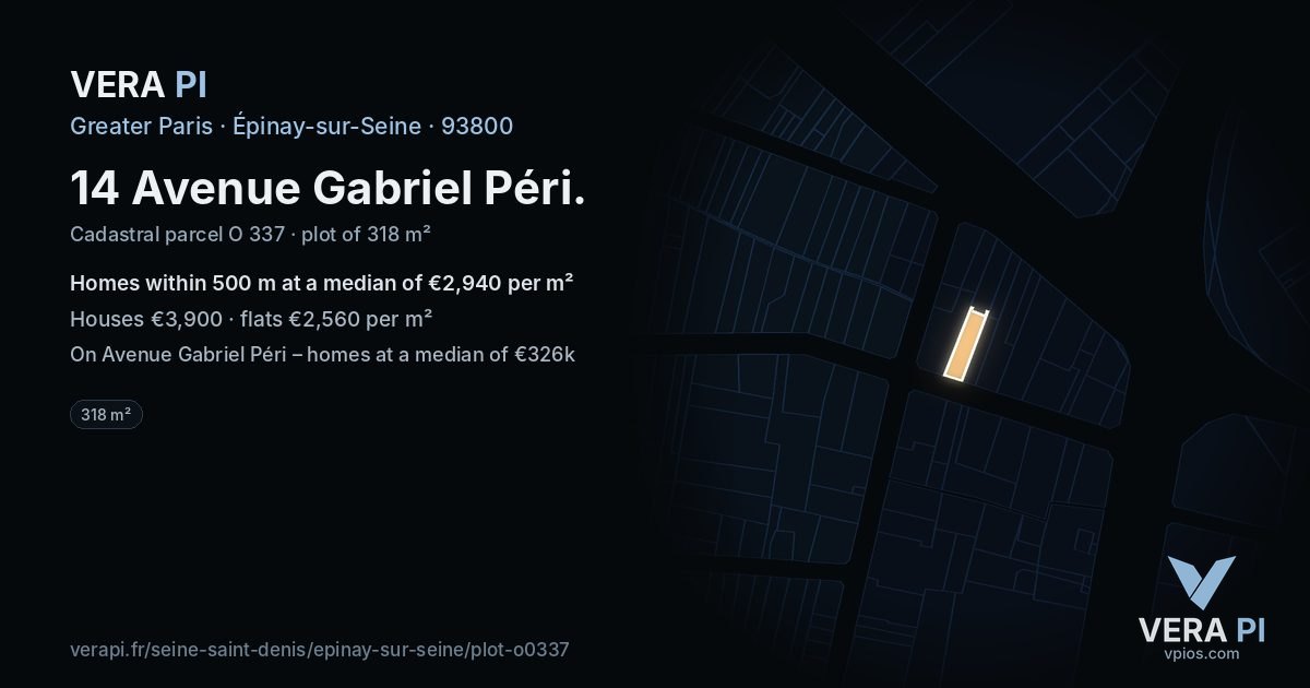 14 Avenue Gabriel Péri, Épinay-sur-Seine at night – the plot lit, the parcels around coloured by the prices near them