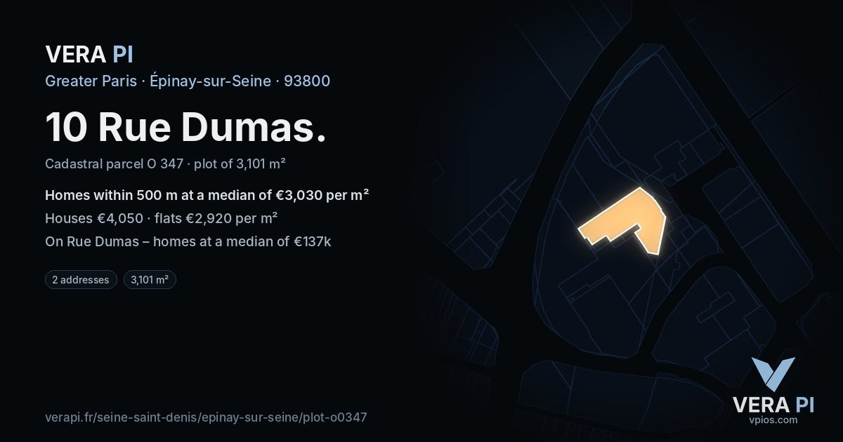 10 Rue Dumas, Épinay-sur-Seine at night – the plot lit, the parcels around coloured by the prices near them